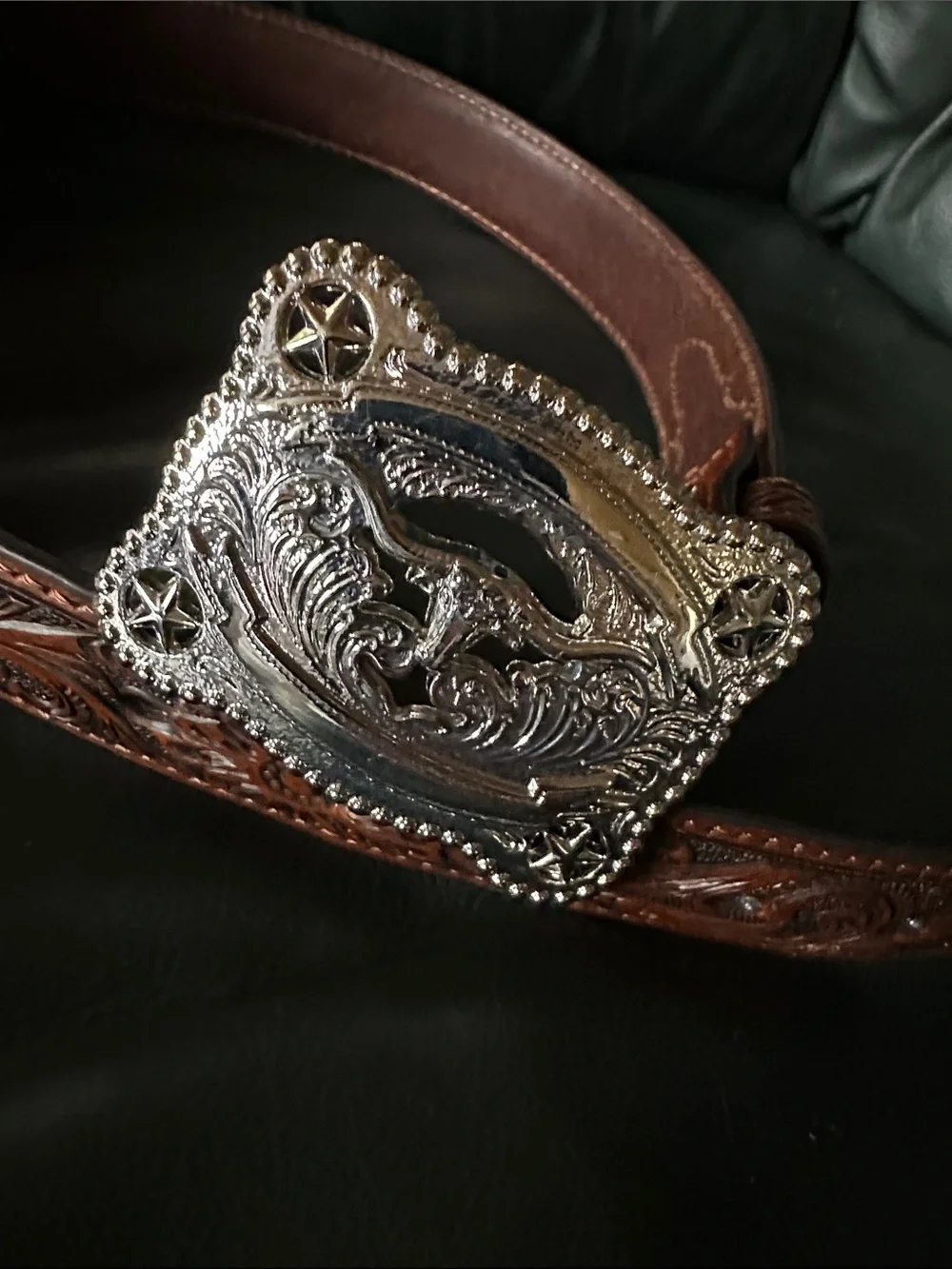 Nocona Belt Co Western Tooled Brown Leather Belt with Silver Rodeo Buckle NEW